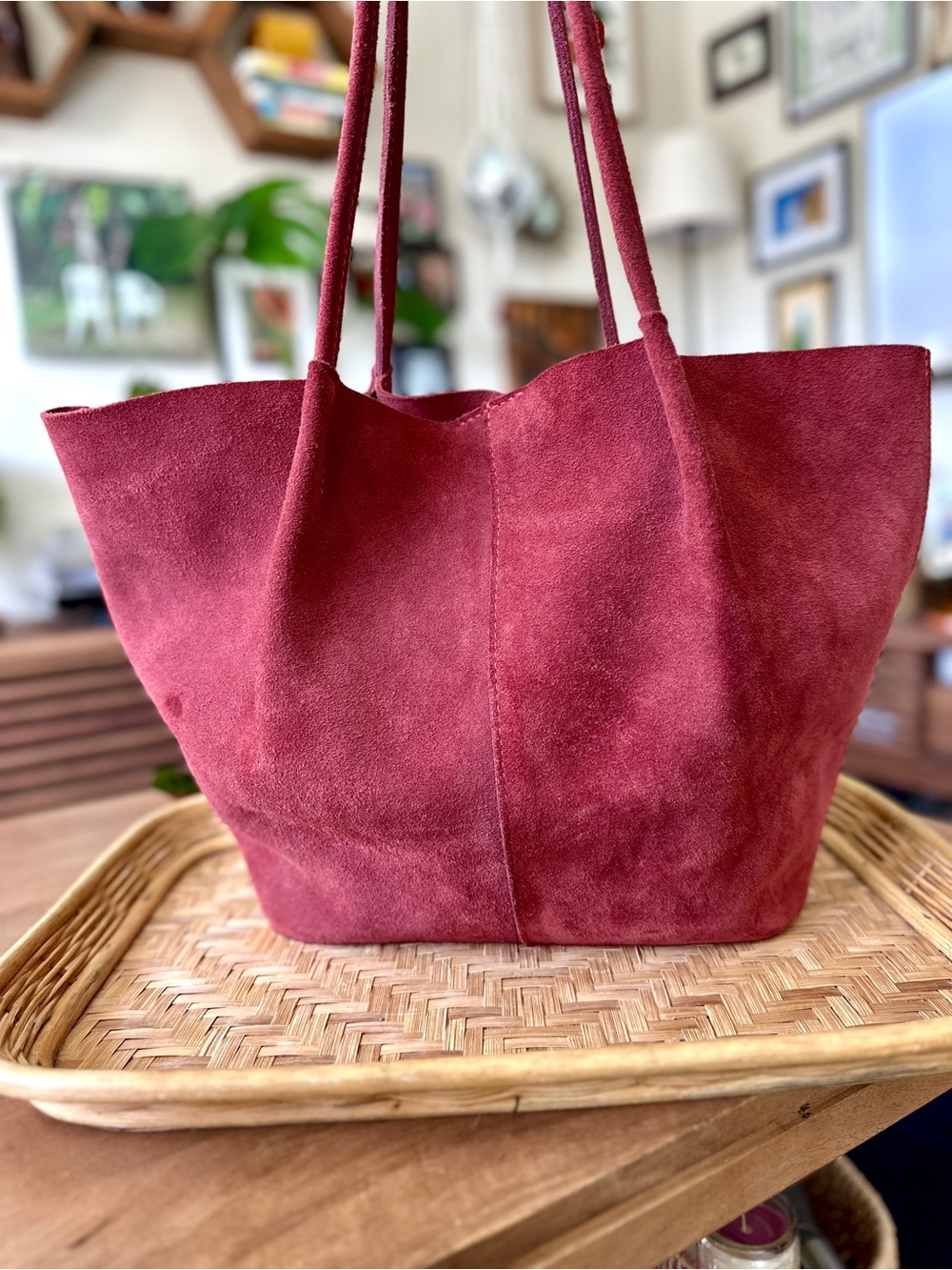 Portland Leather Goods Merlot Berry Suede Slouchy Shoulder Tote Bag
